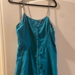 Volcom woman’s sundress adjustable- striped straps - 2 pockets teal button front